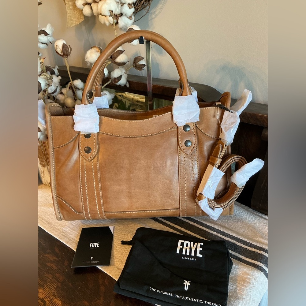 NWT Frye Melissa Leather Beige Brown Satchel Crossbody Handbag Bag Retail $388 - Picture 6 of 16